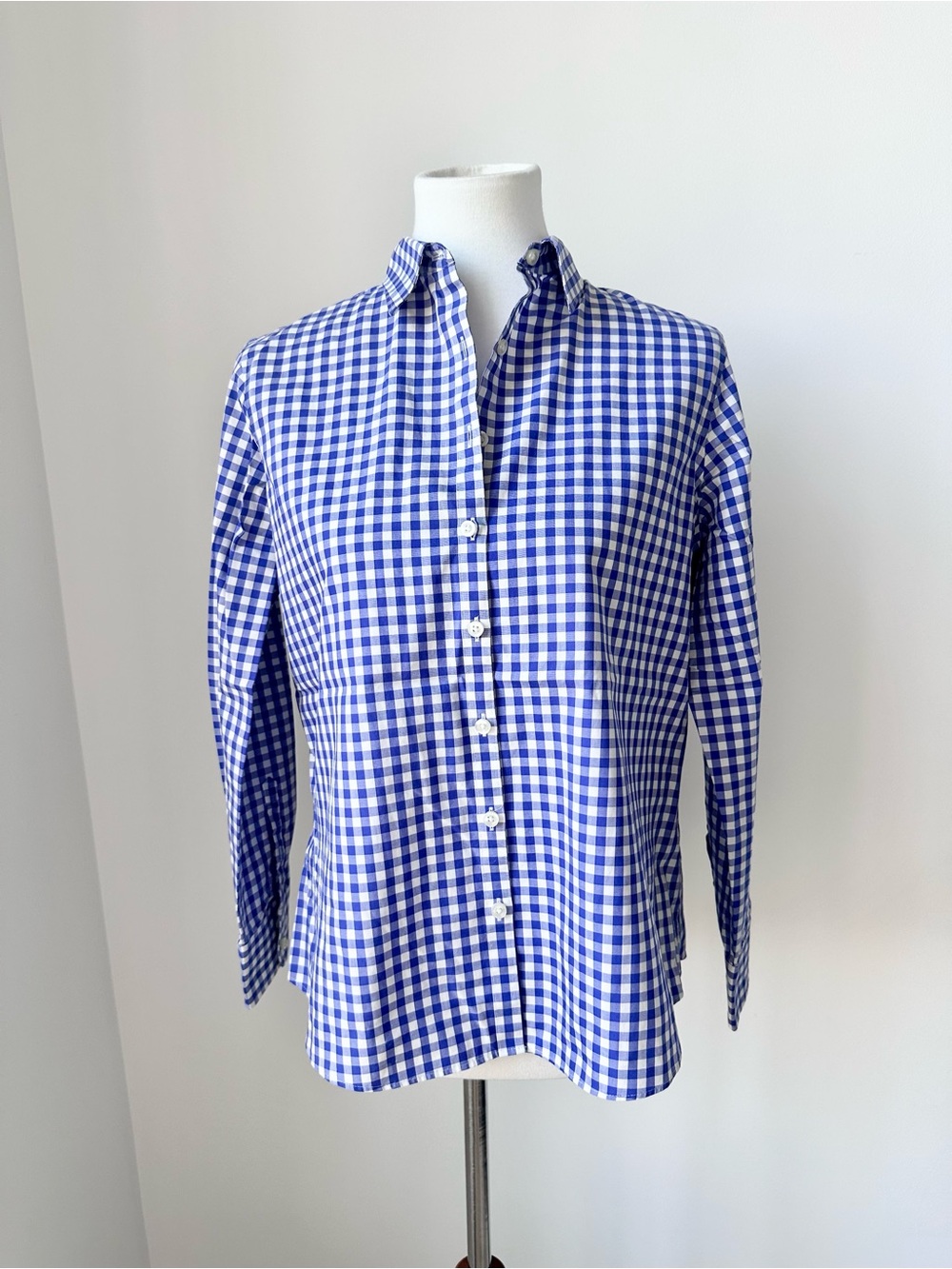 Lands’ End Blue Gingham 3/4 Length Sleeve Button-Up Collar Shirt Size Medium